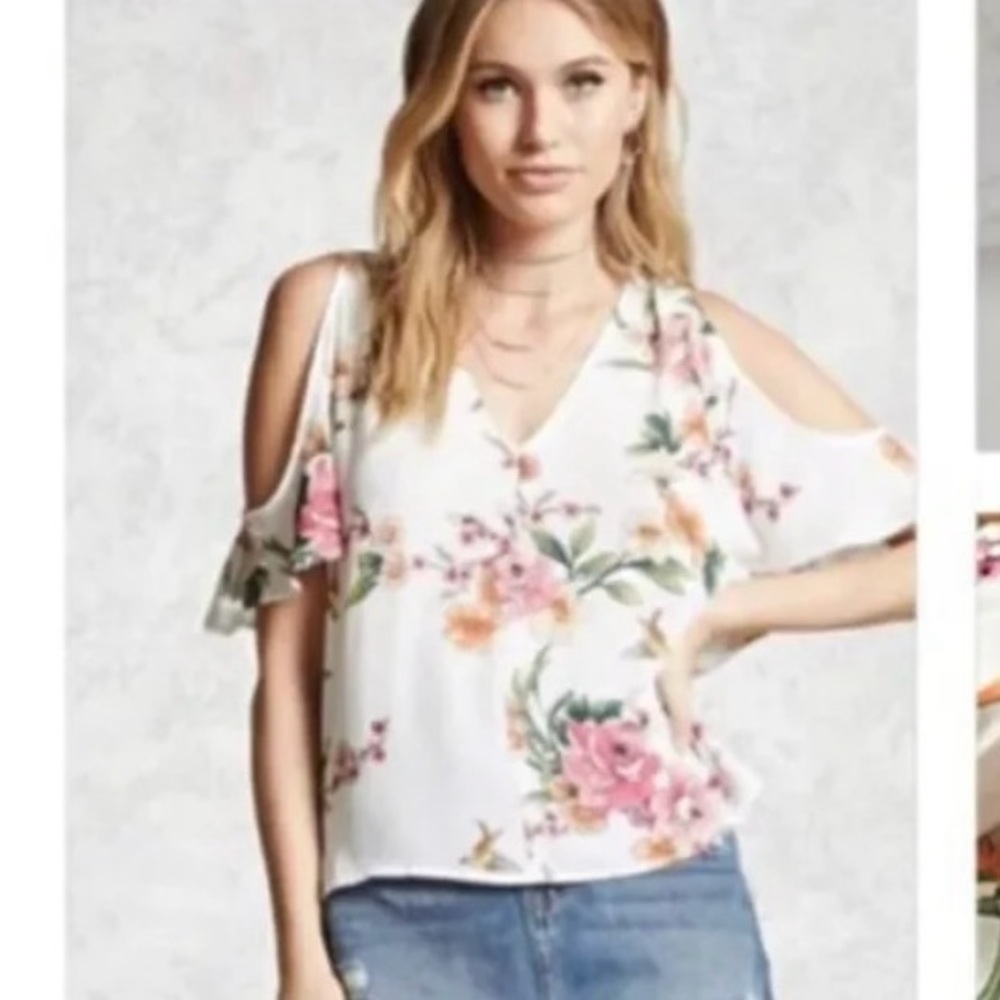 Forever 21 Floral Cold Shoulder Blouse - Pink and Green on White